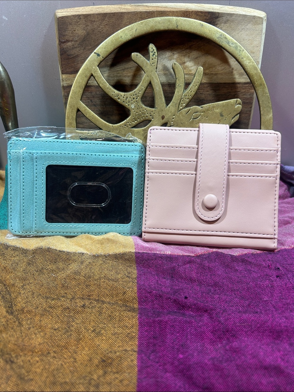Compact Women's Card Wallets - Pink and Teal Faux Leather
